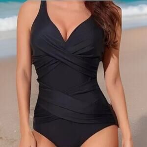 Smidimivi Women Black Ruched One Piece Swimsuit Tummy Control S